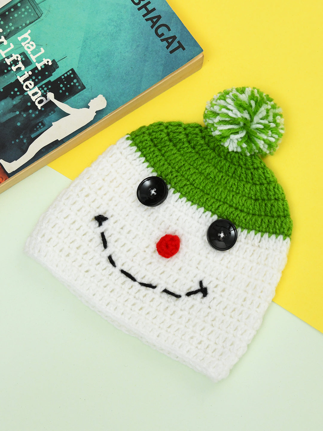 Sage Pom Pom Cap — handmade soft woollen cap for kids