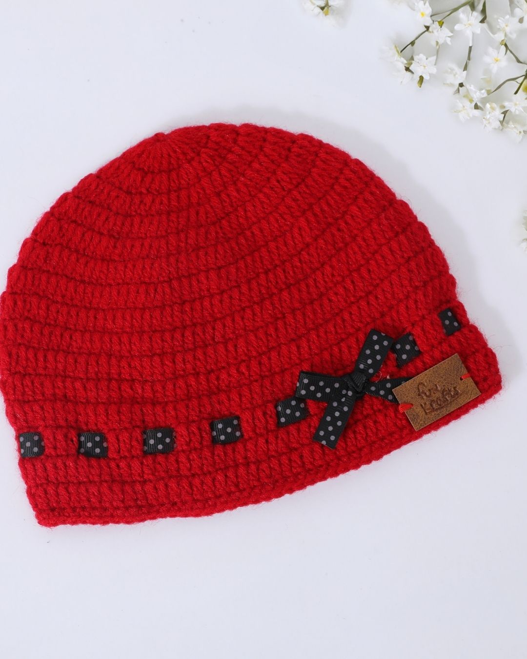 Crimson Cozy Beanie — handmade knitted woollen cap for kids